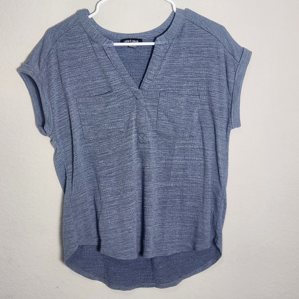 Cable & Gauge Womens M Blue V Neck Pocket Top Relaxed Coastal Casual Knit